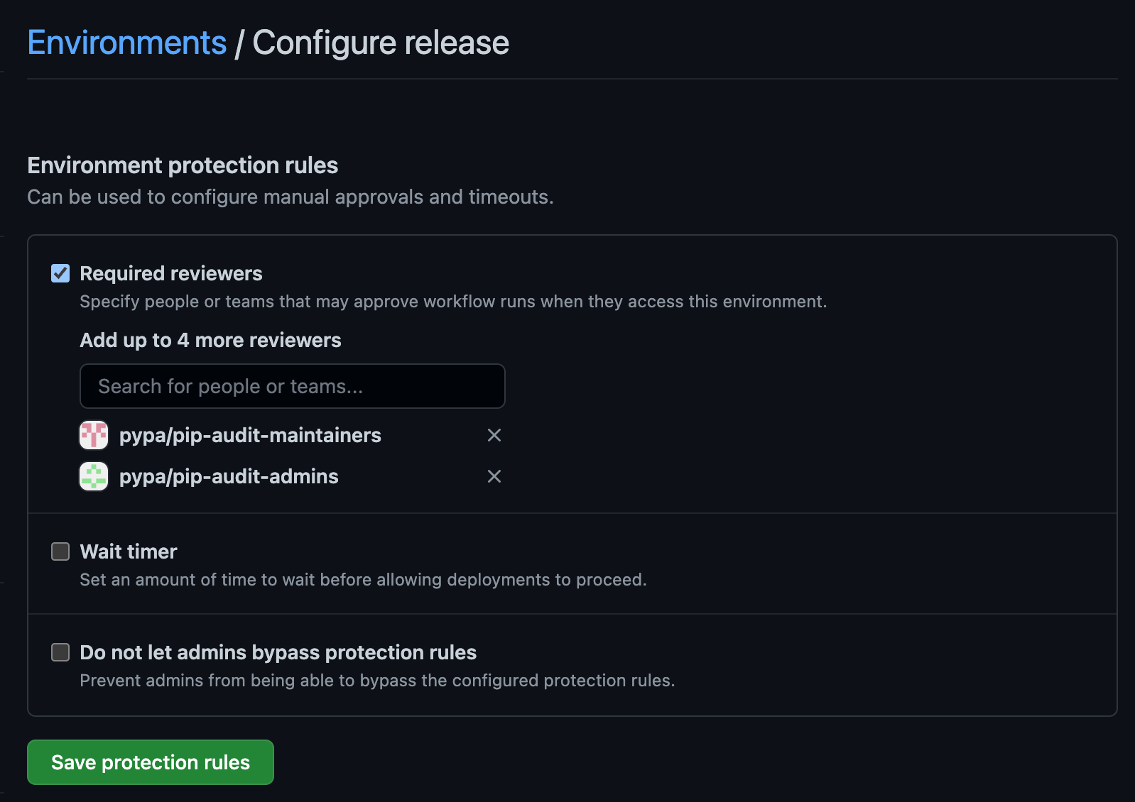 Screenshot of an example configuring an environment on GitHub
