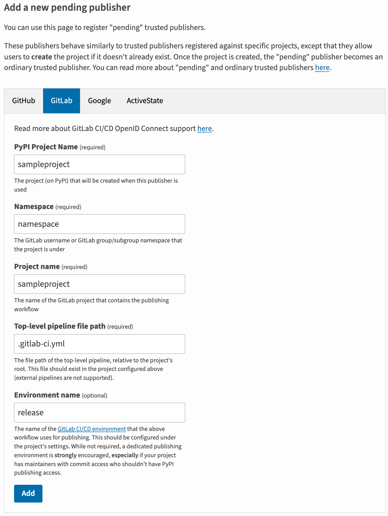 Image showing adding a new GitLab publisher